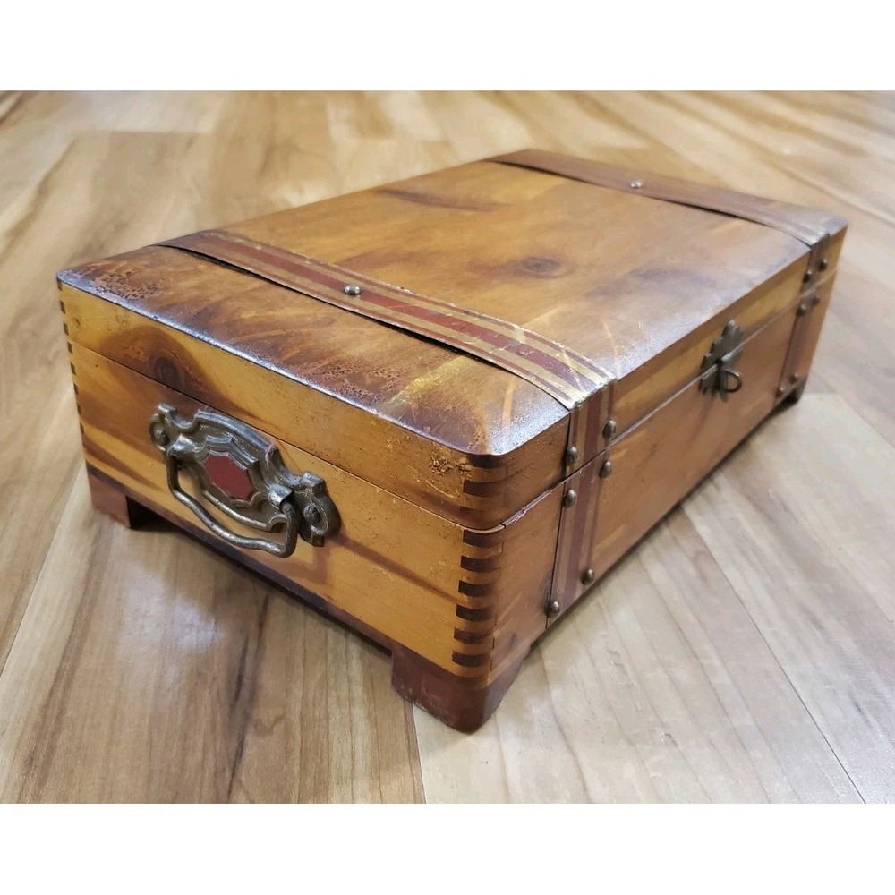 Vintage Rustic Wood Trinket Box Flat Top Storage Chest Striped Metal